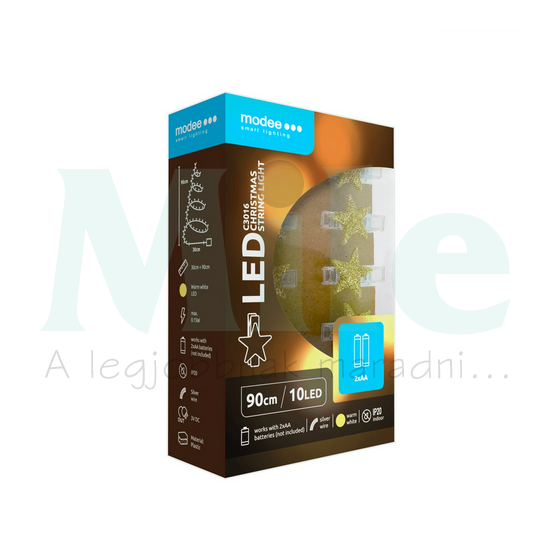 LED karácsonyi füzér 10LED ARANYCSILLAG/0,9m 2xAA-elem(nélkül) fehér-fényű 3V DC 2700K IP20 Modee