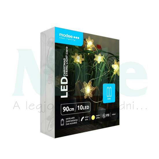 LED karácsonyi füzér 10LED HÓPIHE/0,9m 2xAA-elem(nélkül) fehér-fényű 3V DC 2700K IP20 Modee