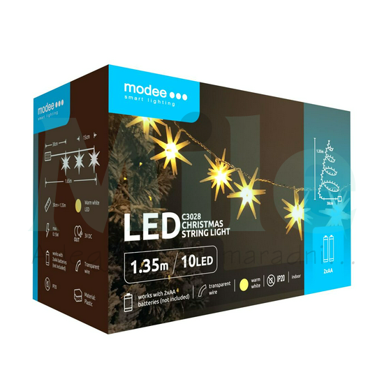 LED karácsonyi füzér 10LED HOSSZÚCSILLAG/1,35m 2xAA-elem(nélkül) fehér-fényű 3V DC 2700K Modee