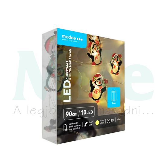 LED karácsonyi füzér 10LED PINGVIN/0,9m 2xAA-elem(nélkül) fehér-fényű 3V DC 2700K IP20 Modee