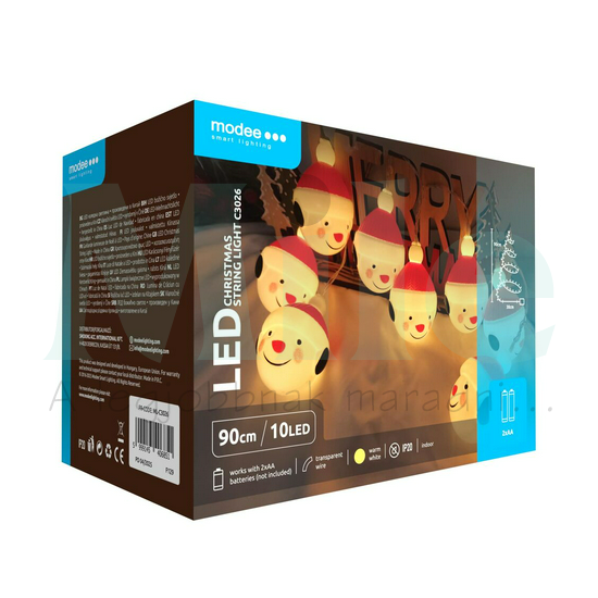 LED karácsonyi füzér 10LED MIKLULÁSFEJ/0,9m 2xAA-elem(nélkül) fehér-fényű 3V DC 2700K IP20 Modee