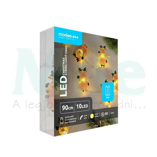 LED karácsonyi füzér 10LED RÉNSZARVAS/0,9m 2xAA-elem(nélkül) fehér-fényű 3V DC 2700K IP20 Modee