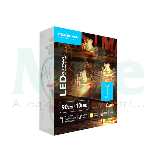 LED karácsonyi füzér 10LED REPÜLŐS MIKULÁS/0,9m 2xAA-elem(nélkül) fehér-fényű 3V DC 2700K Modee