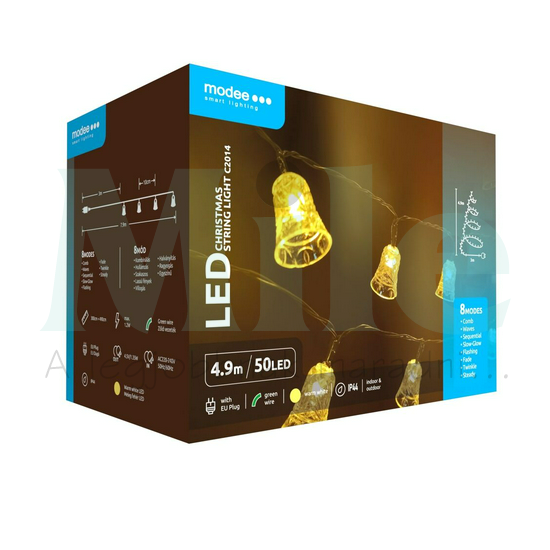 LED karácsonyi fűzér 50LED-harang/4,9m tápegység-dugóval 8mód kültéri 10db/m fehér-fényű AC Modee