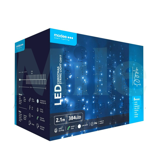 LED karácsonyi fűzér 384LED/2,1m tápegység-dugóval 8mód kültéri 183db/m fehér-fényű Modee