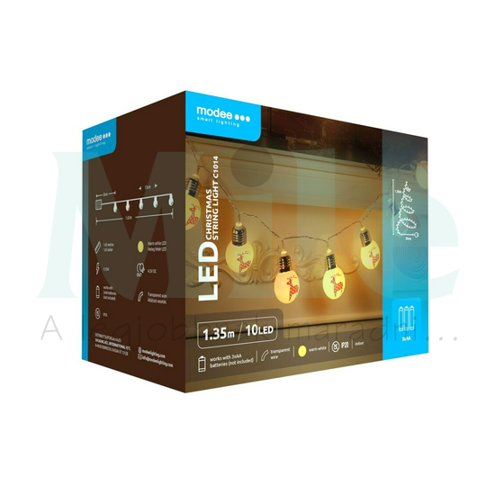 LED karácsonyi fűzér 10LED-szarvas-gömb/1,35m 2xAA-elem(nélkül) 7db/m fehér-fényű 3V DC Modee