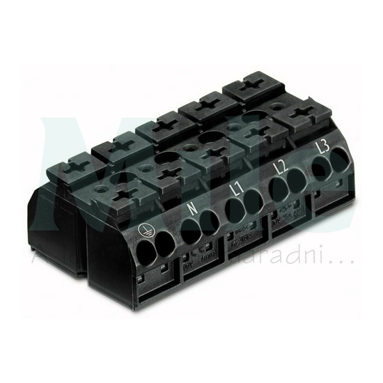 Sorkapocsblokk PE+N+L1+L2+L3 4mm2 fekete 5P csavaros 5csatl./<6mm2 WAGO