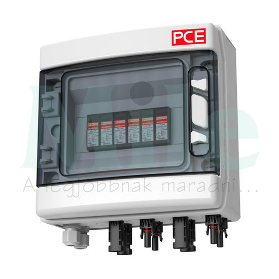 Szolár DC elosztó komplett 1kV 2MPPT I+II-túlfesz 8xMC4 2xM16 IP65 PCE