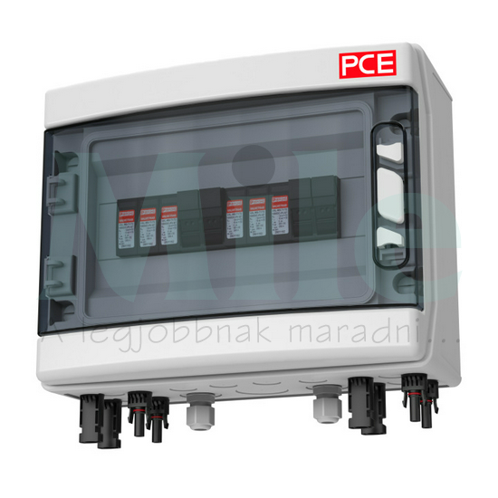 Szolár DC elosztó komplett 1kV 2MPPT II-túlfesz 4x16AgPV 8xMC4 2xM16 IP65 PCE