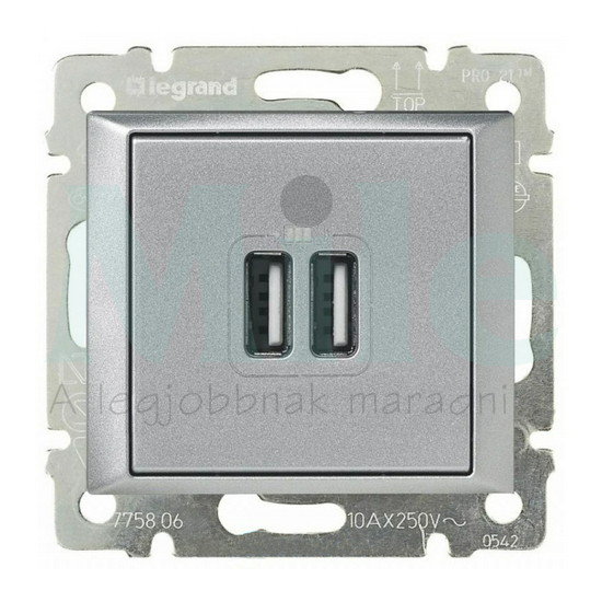 Valena USB töltőaljzat A+A 2/ki 2400mA-max. 5V süllyesztett alumínium LEGRAND